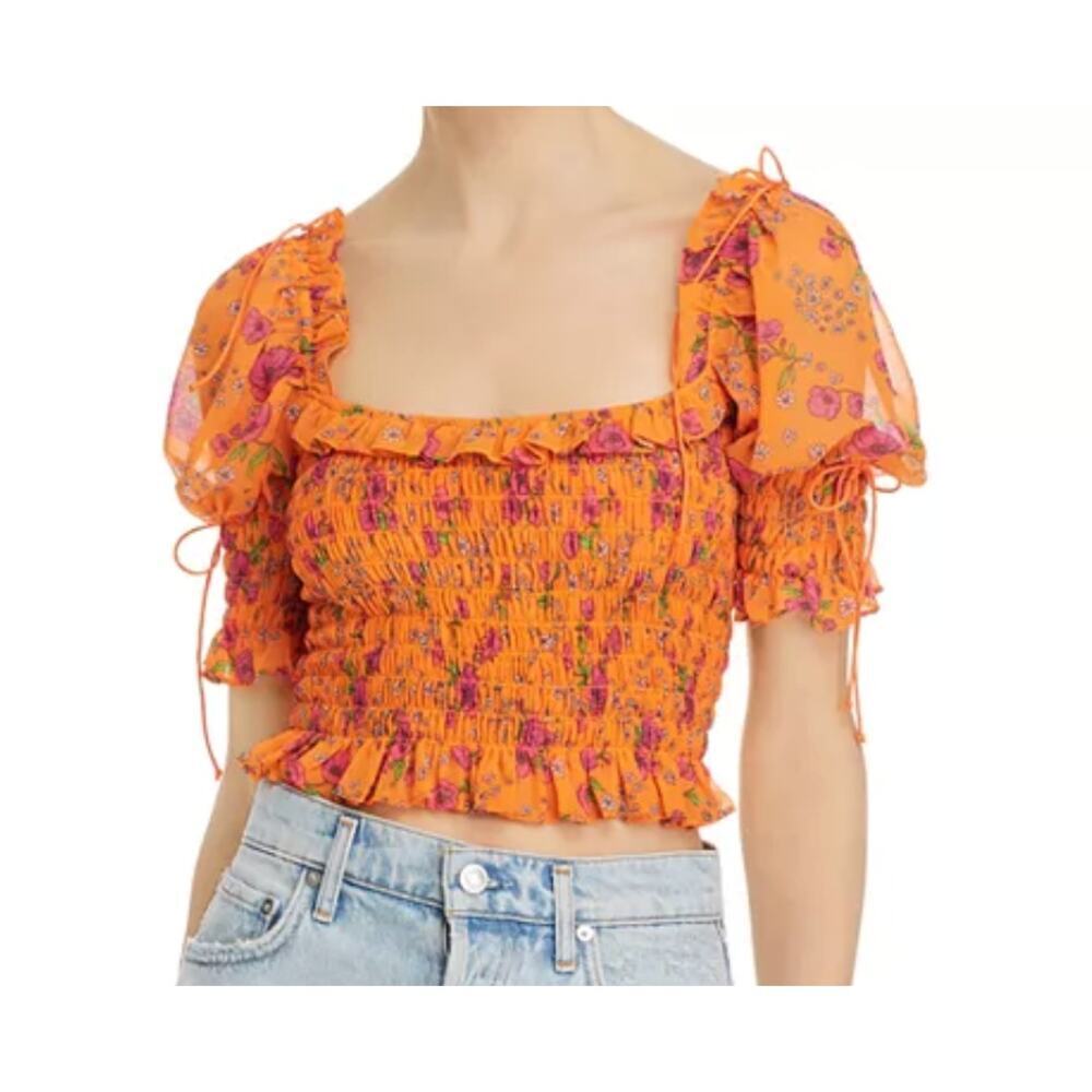 For Love & Lemons Peony Smocked Cropped Blouse Size Small